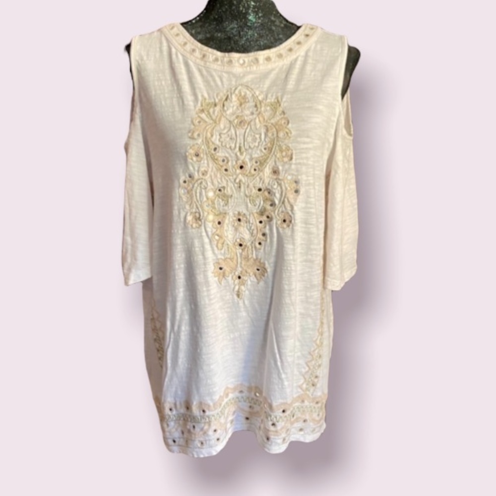 Chico’s Embroidered Mirrored Cold Shoulder Top